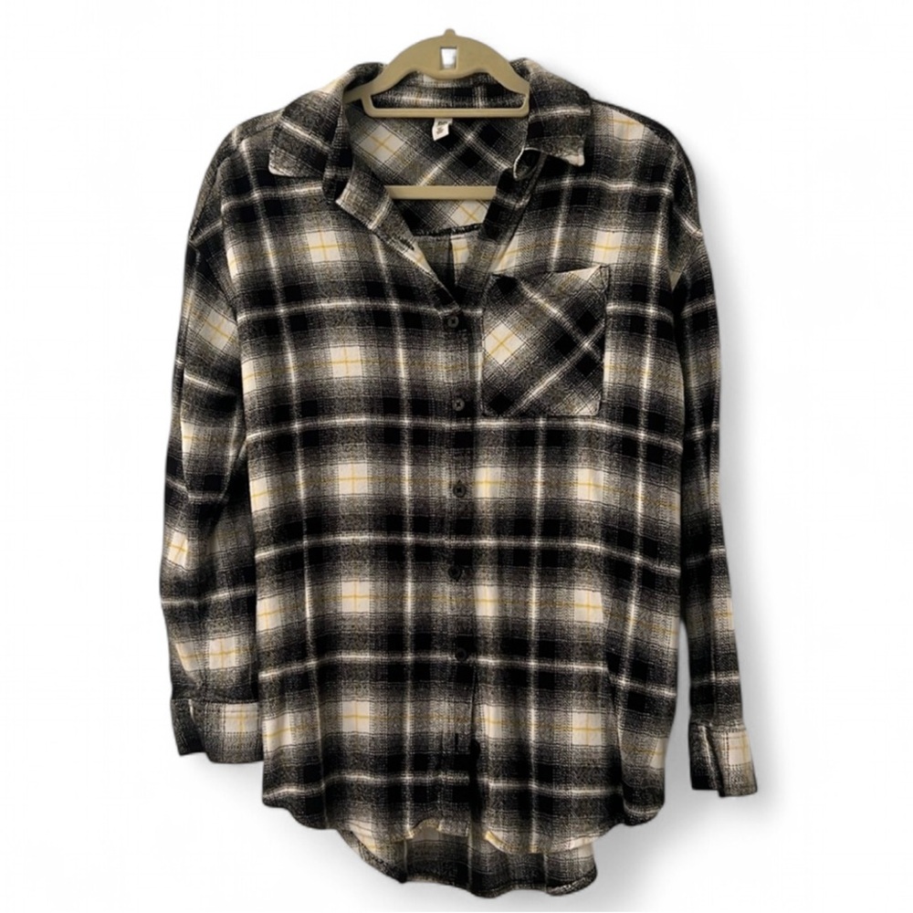 BP Oversized Plaid Button Up Shirt Black Ivory XXS